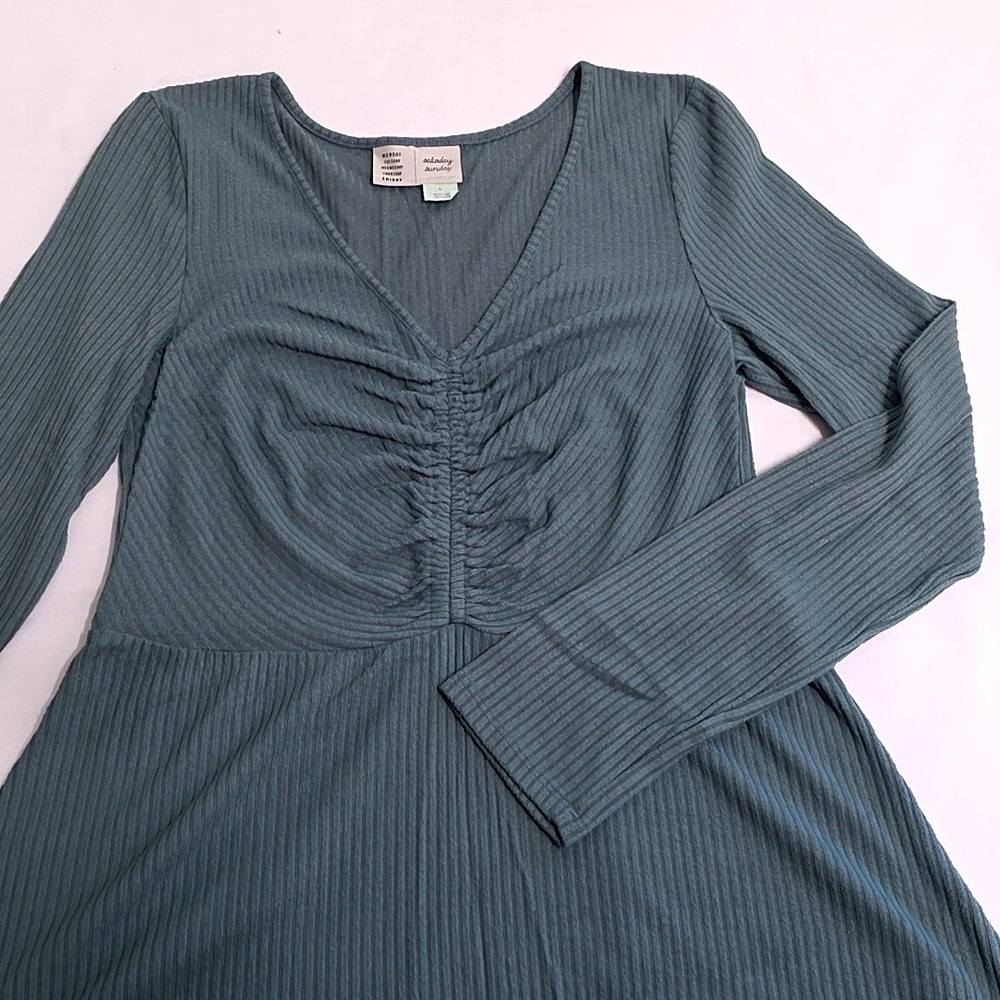 Saturday Sunday Dress Womens S Teal Blue Ribbed Long Sleeve Ruched Midi V-Neck
